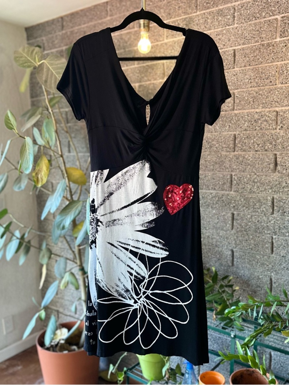 Desigual Y2K 2000s Black Floral Art Print Jersey Midi Dress